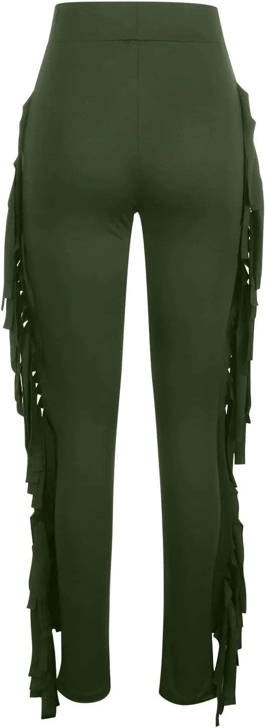 Womens Sexy Curvy Pants Fringed High Waist Skinny Slim Fit Trousers Tight Pants Trendy Casual Solid Long Trousers