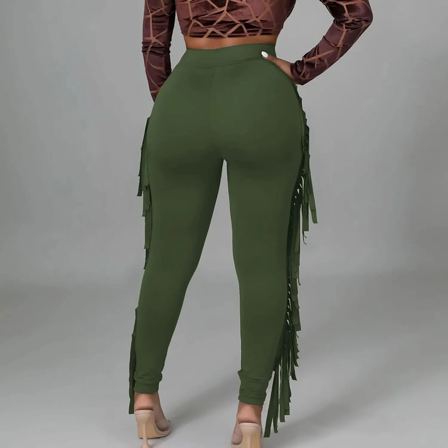 Womens Sexy Curvy Pants Fringed High Waist Skinny Slim Fit Trousers Tight Pants Trendy Casual Solid Long Trousers