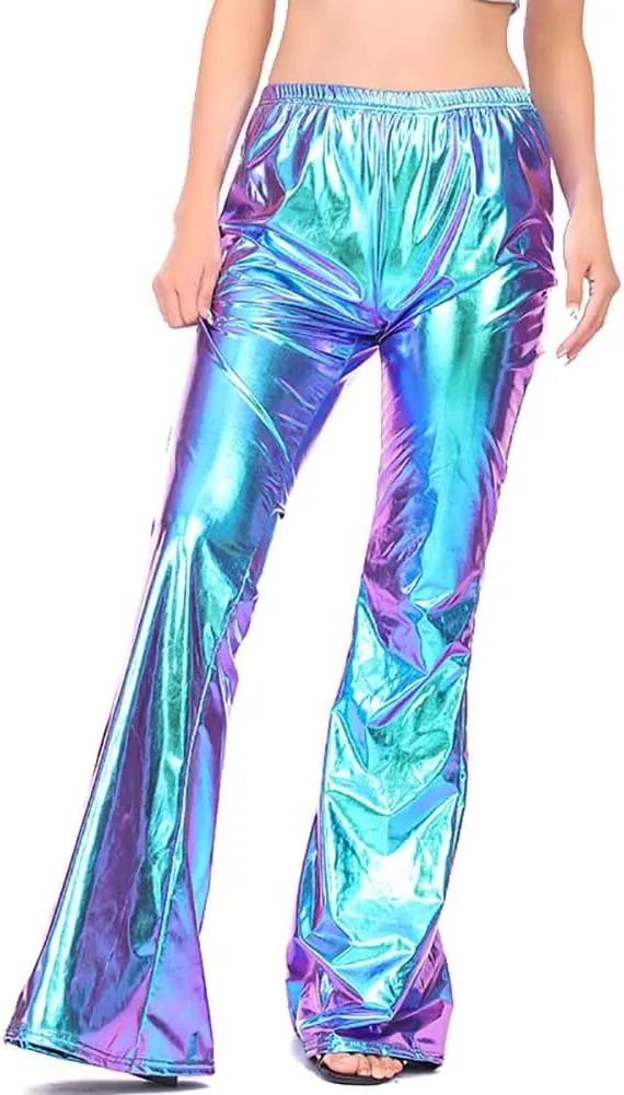 Women's Shiny Metallic Shinny Flared Pants High Waist Stretchy Bell Bottom Trousers Ruffle Hem 70s Vintage Disco Leggings