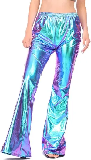 Women's Shiny Metallic Shinny Flared Pants High Waist Stretchy Bell Bottom Trousers Ruffle Hem 70s Vintage Disco Leggings