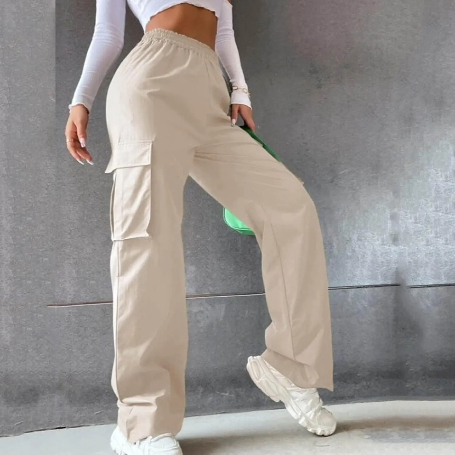 Women's Street Style High Waisted Pocket Wide Leg Work Dressy Casual Loose Fit