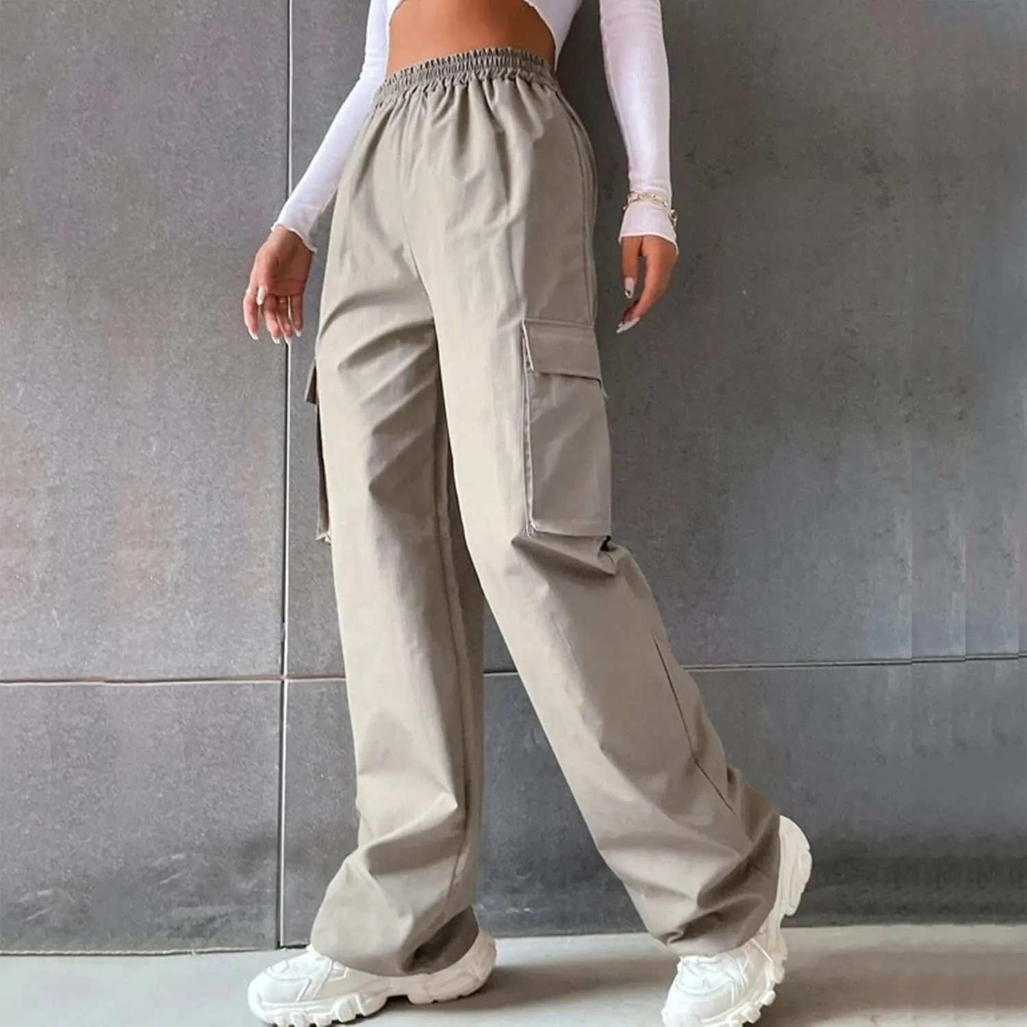 Women's Street Style High Waisted Pocket Wide Leg Work Dressy Casual Loose Fit