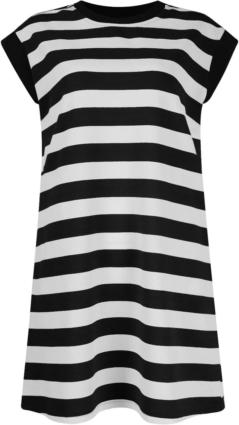 Womens Striped Summer Dresses 2024 Crewneck Patchwork Casual Loose Color Block Tshirt Dress with Pockets