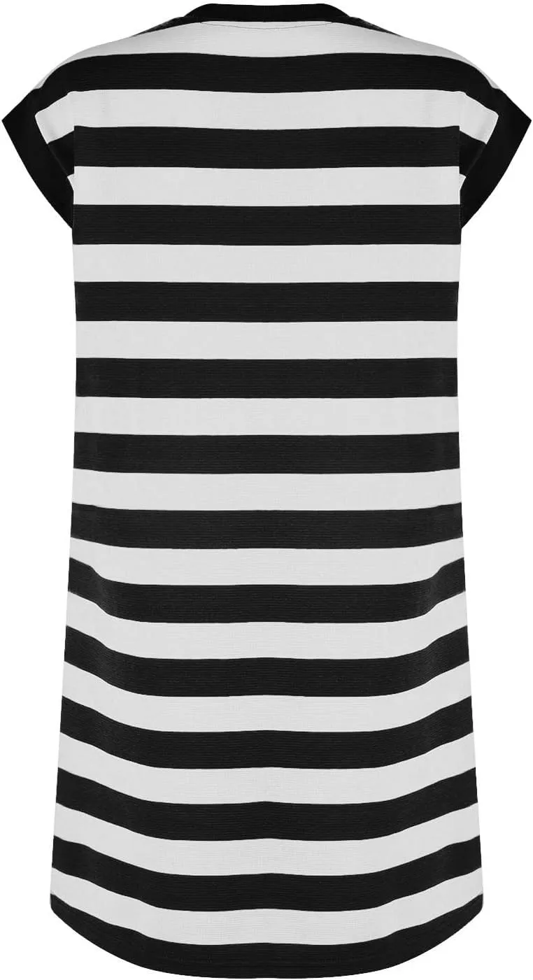 Womens Striped Summer Dresses 2024 Crewneck Patchwork Casual Loose Color Block Tshirt Dress with Pockets