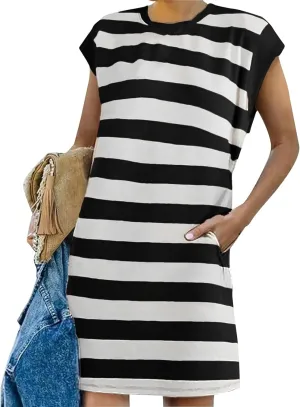 Womens Striped Summer Dresses 2024 Crewneck Patchwork Casual Loose Color Block Tshirt Dress with Pockets