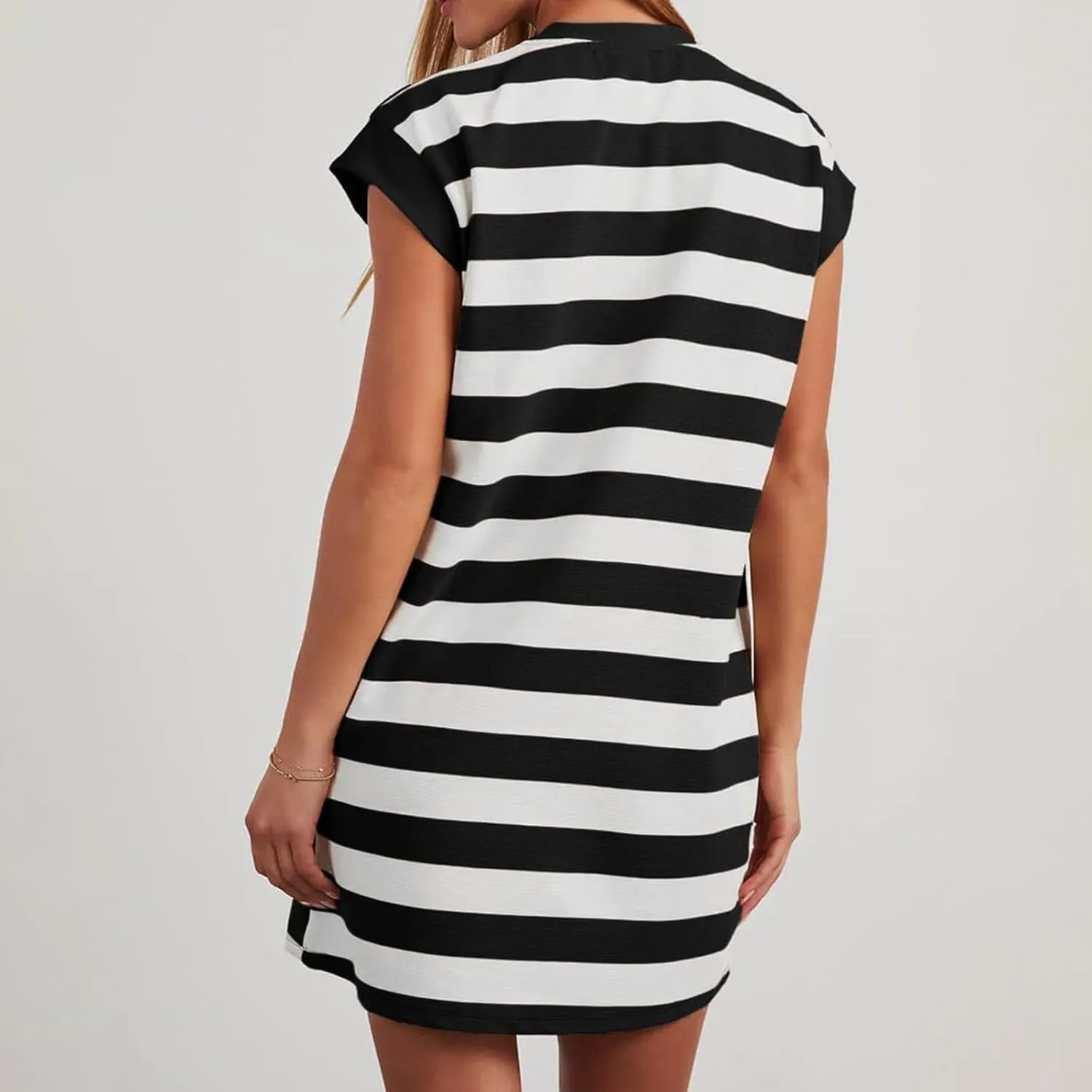 Womens Striped Summer Dresses 2024 Crewneck Patchwork Casual Loose Color Block Tshirt Dress with Pockets