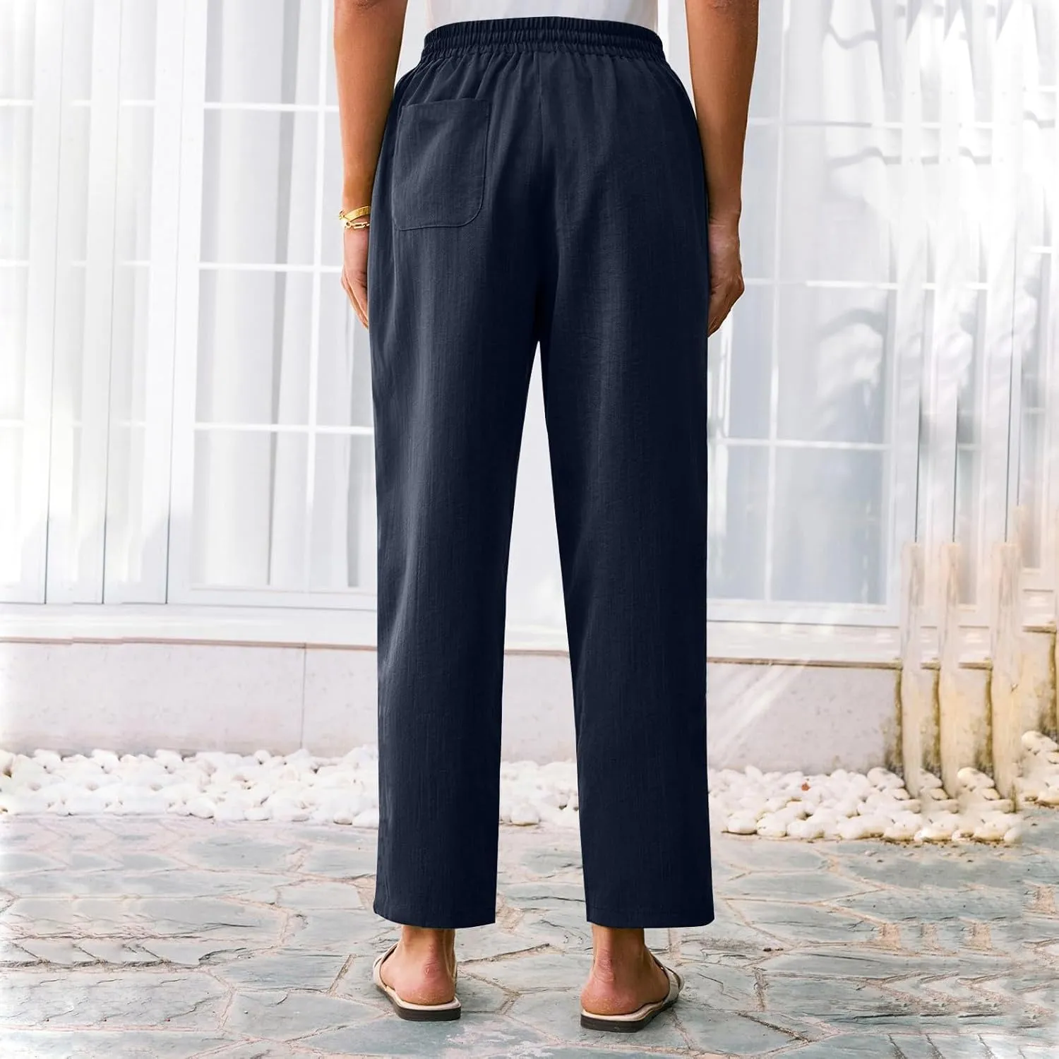 Womens Summer Casual Cotton and Linen High Waist Pants 2025 Fashion Drawstring Loose Fit Trousers with Pockets