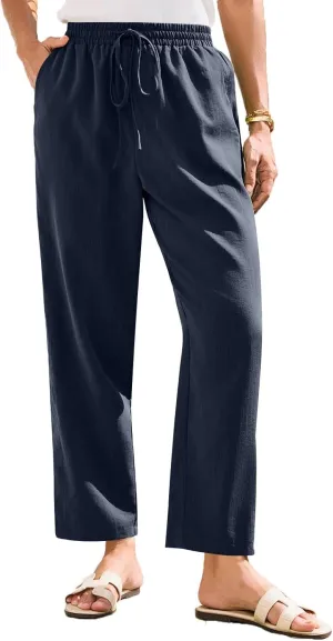 Womens Summer Casual Cotton and Linen High Waist Pants 2025 Fashion Drawstring Loose Fit Trousers with Pockets
