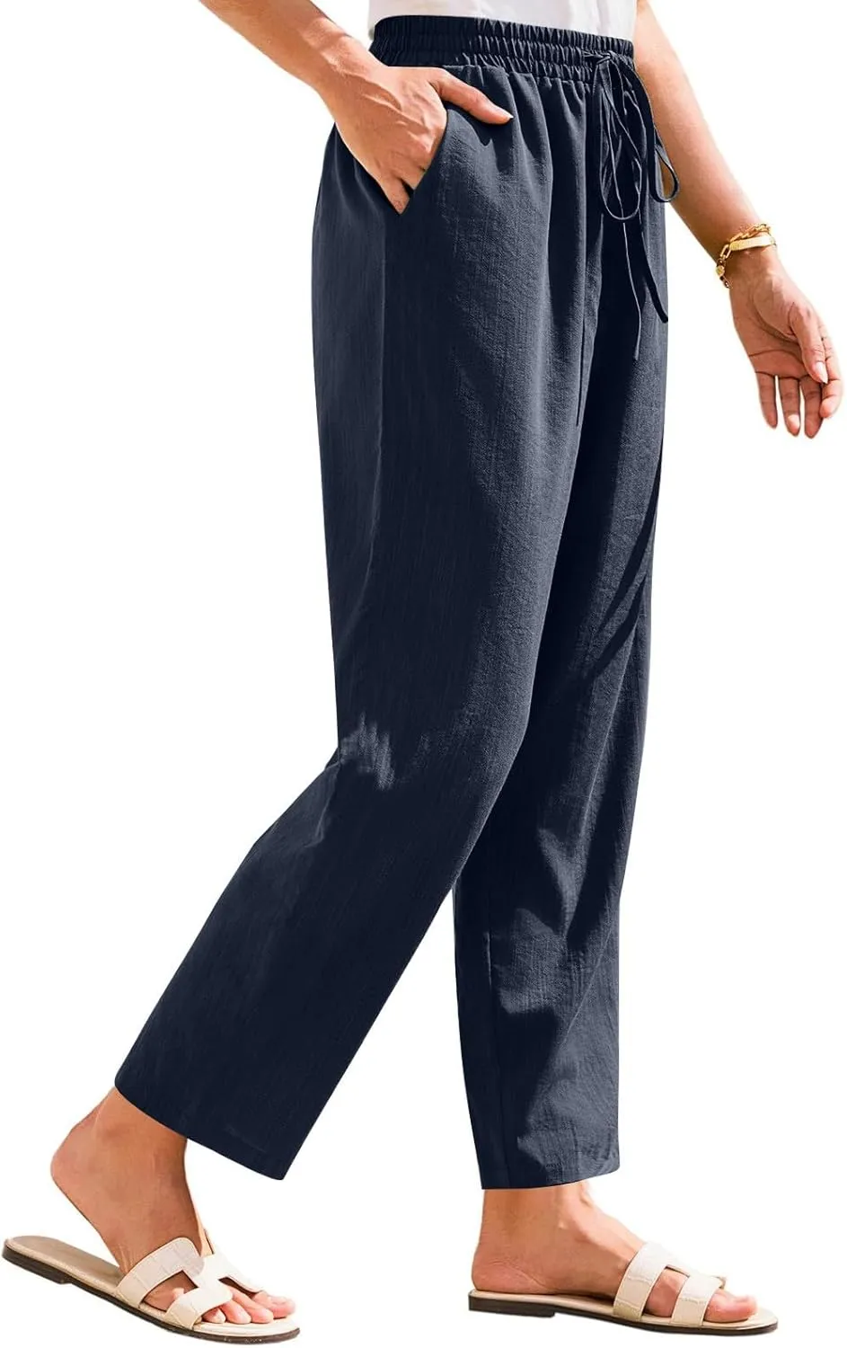 Womens Summer Casual Cotton and Linen High Waist Pants 2025 Fashion Drawstring Loose Fit Trousers with Pockets