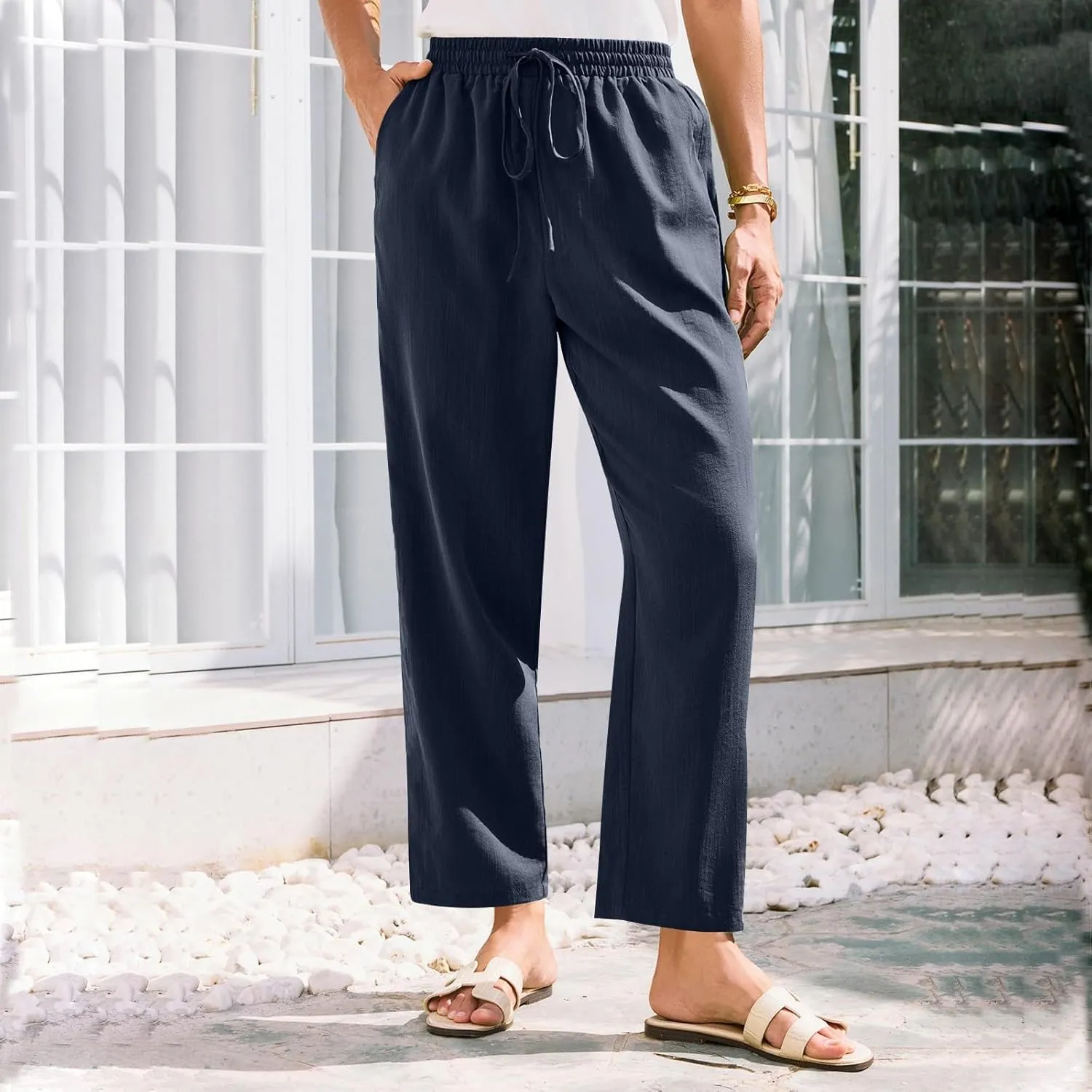 Womens Summer Casual Cotton and Linen High Waist Pants 2025 Fashion Drawstring Loose Fit Trousers with Pockets