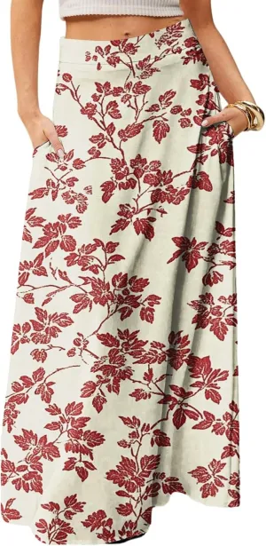 Women's Summer Skirt Trendy 2025 Floral A-Line Elastic High Waisted Skirts with Pockets Cute Elegant Boho Skirt