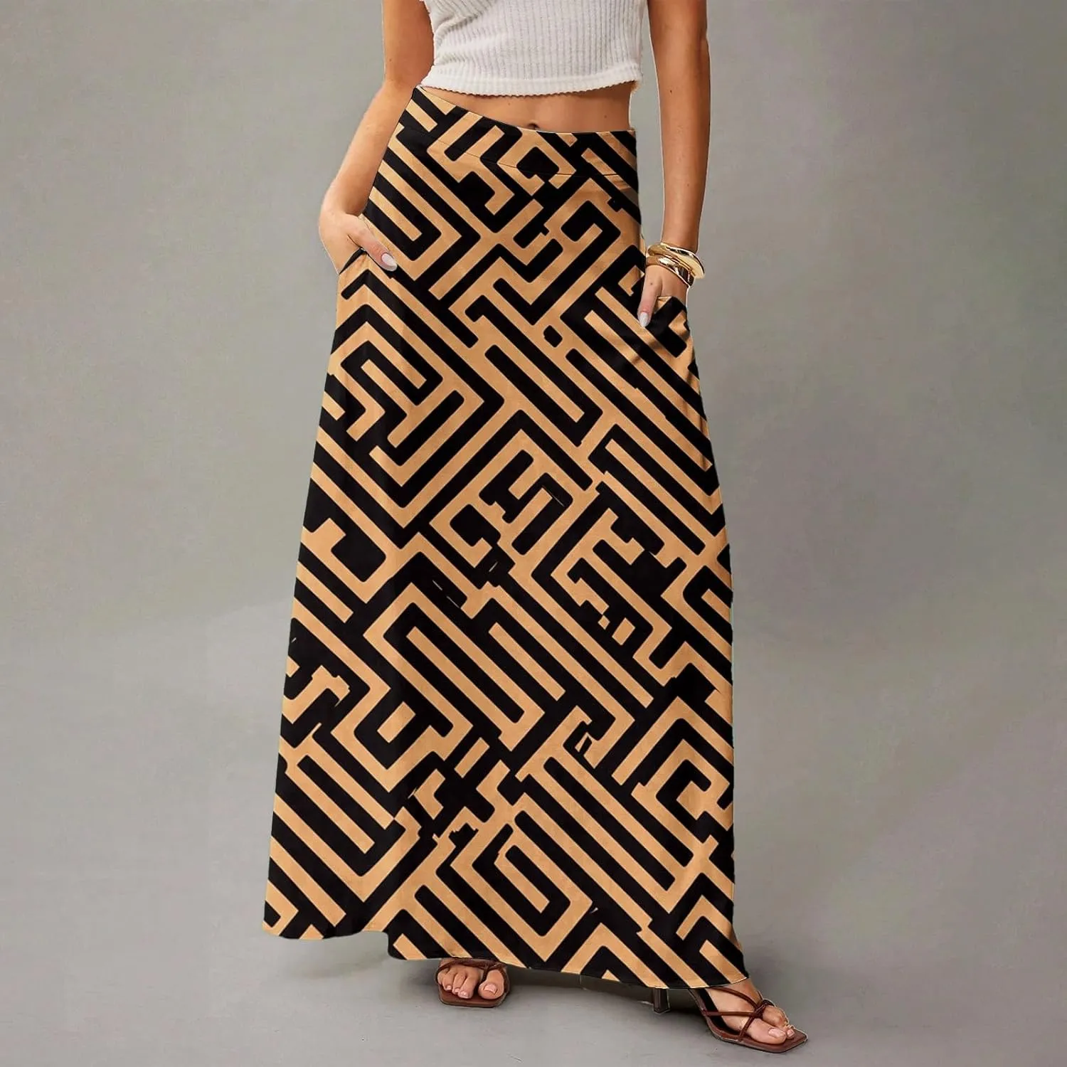 Women's Summer Skirt Trendy 2025 Floral A-Line Elastic High Waisted Skirts with Pockets Cute Elegant Boho Skirt