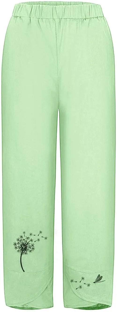 Womens Summer Wide Leg Linen Cropped Pant Dandelions Graphic Tulip Hem Trousers Lightweight Loose Fit Outfits with Pockets