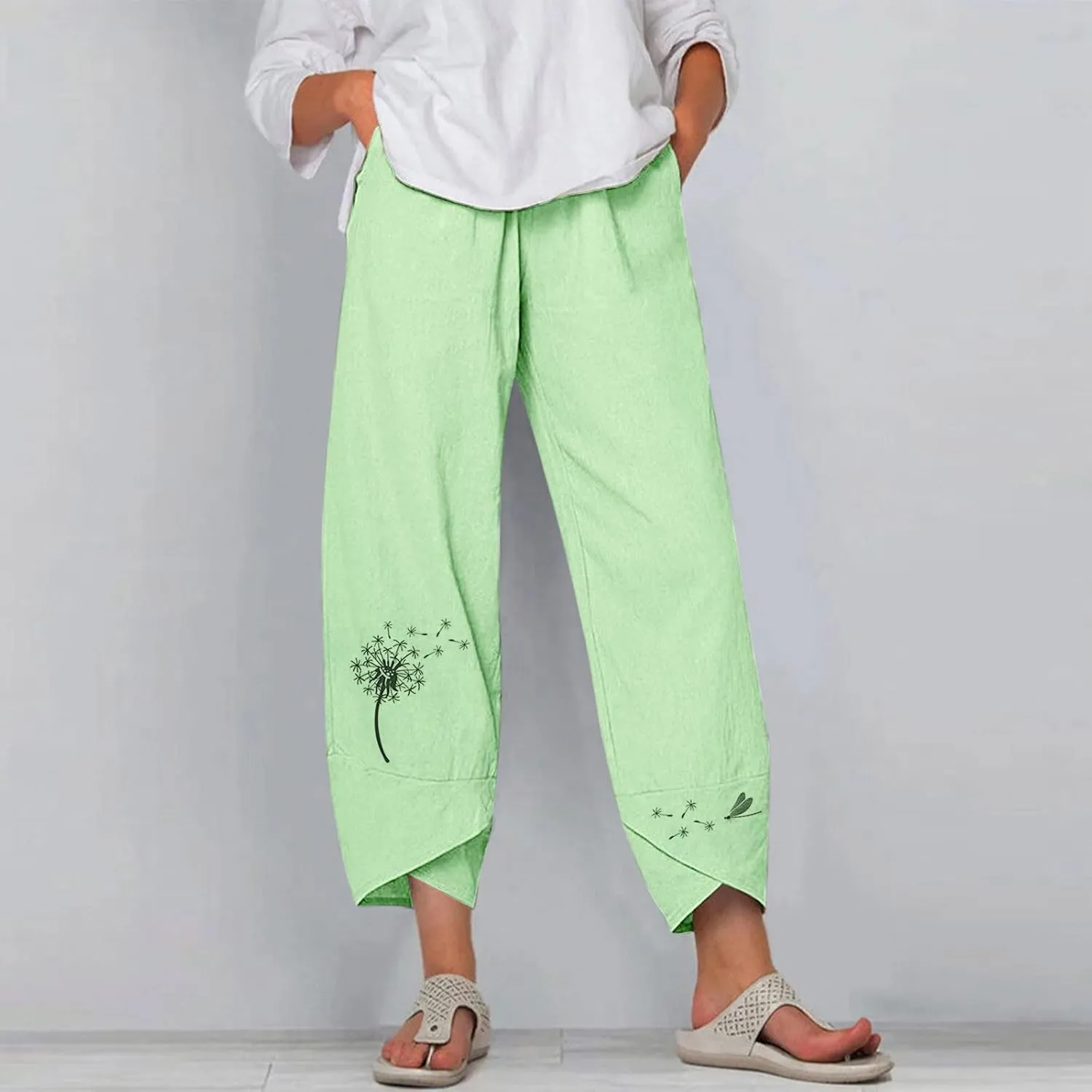 Womens Summer Wide Leg Linen Cropped Pant Dandelions Graphic Tulip Hem Trousers Lightweight Loose Fit Outfits with Pockets