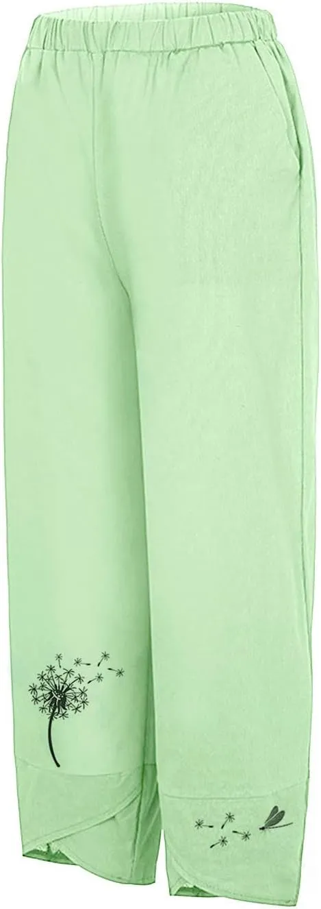 Womens Summer Wide Leg Linen Cropped Pant Dandelions Graphic Tulip Hem Trousers Lightweight Loose Fit Outfits with Pockets