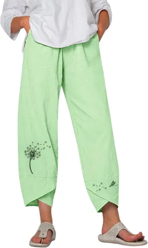 Womens Summer Wide Leg Linen Cropped Pant Dandelions Graphic Tulip Hem Trousers Lightweight Loose Fit Outfits with Pockets
