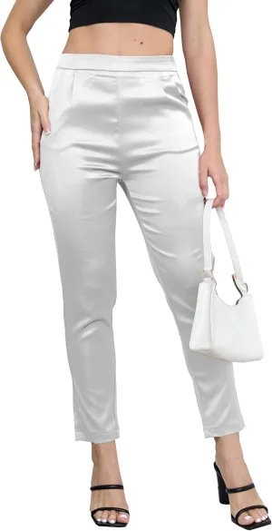 Women's Tapered Satin Pants Elastic Waist Business Work Casual Ankle Cropped Shiny Pants with Pockets