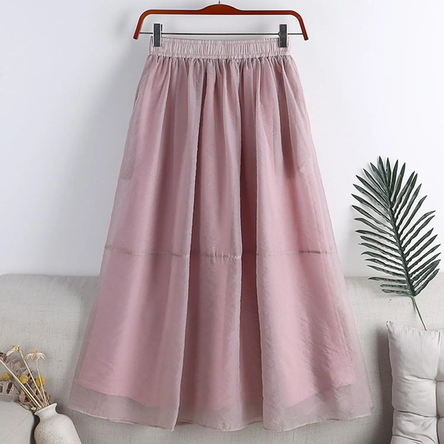Women's Tulle Skirt Solid Color Elastic High Waisted Layered Pleated Skirts Casual Fashion Lightweight Beach Skirt