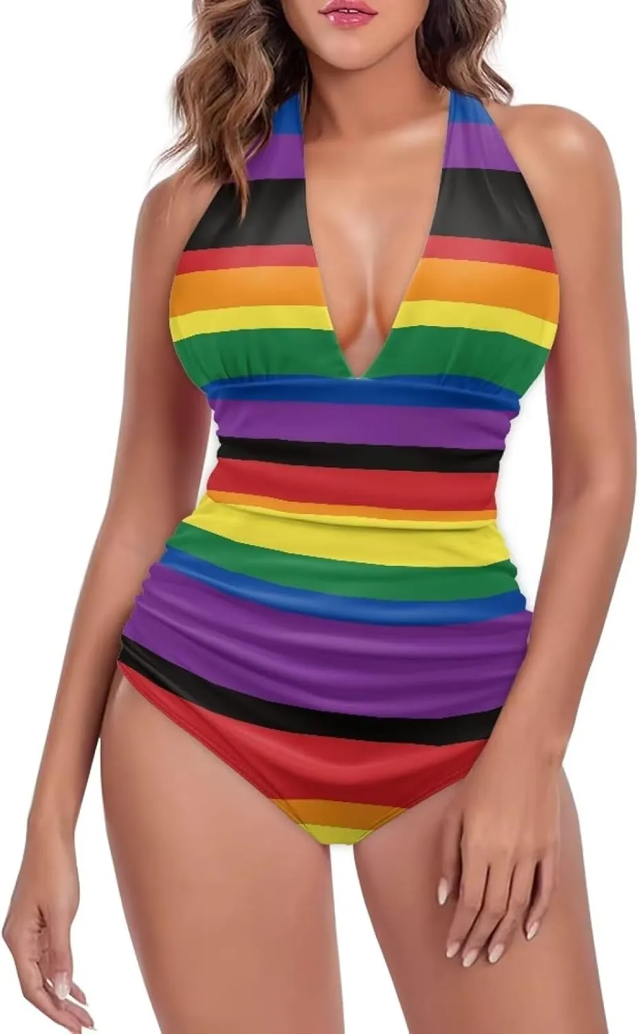 Womens Tummy Control Swimwear Halter One Piece Slimming Swimsuit Womens Ruched Push Up Bathing Suit S-3XL