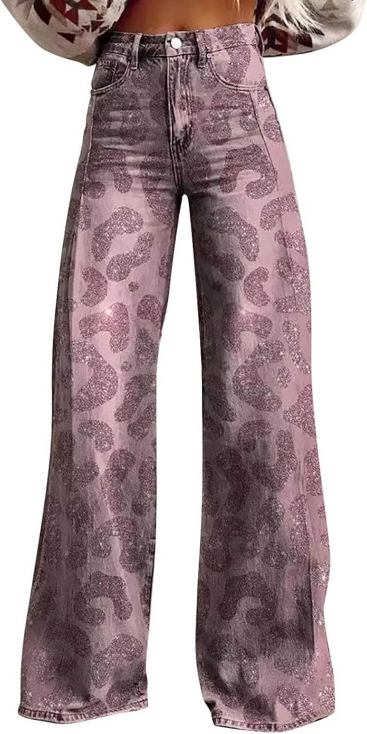 Womens Vintage Wide Leg Pants Fashion High Waisted Casual Denim Pants 90s Floral Printed Pull On Baggy Trousers