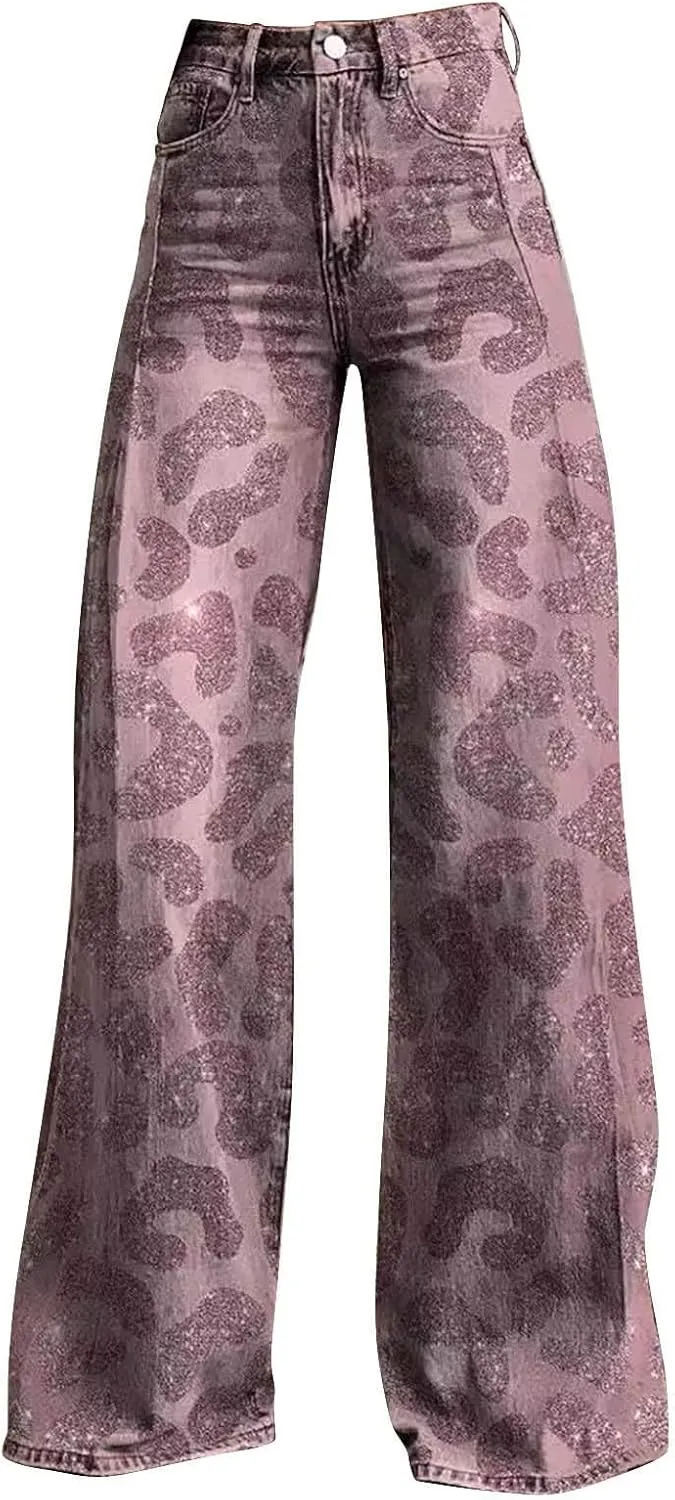 Womens Vintage Wide Leg Pants Fashion High Waisted Casual Denim Pants 90s Floral Printed Pull On Baggy Trousers