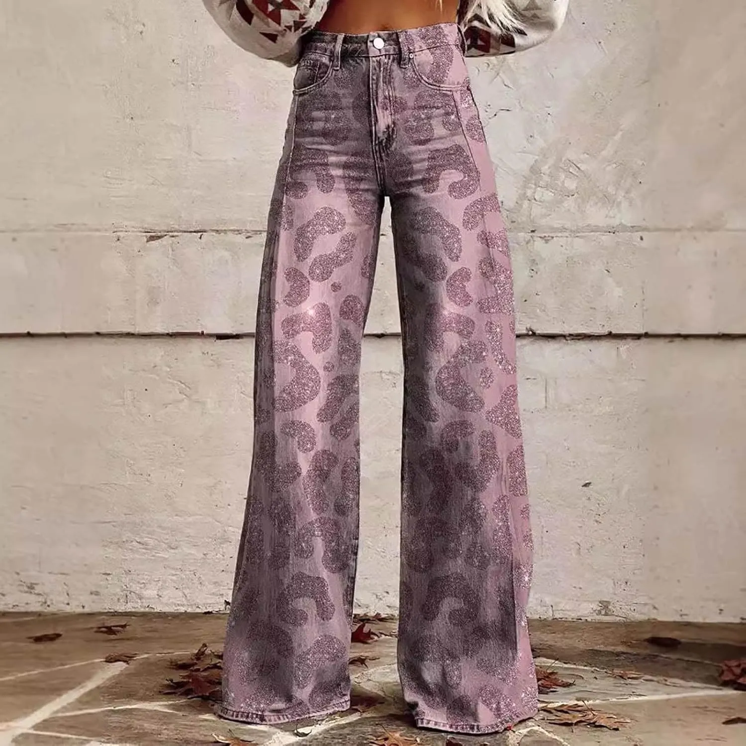 Womens Vintage Wide Leg Pants Fashion High Waisted Casual Denim Pants 90s Floral Printed Pull On Baggy Trousers