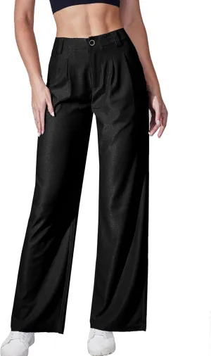 Women's Waffle Knit Pants Wide Leg Dress Pants Plicated Casual Slacks Work Trousers 27"/29"