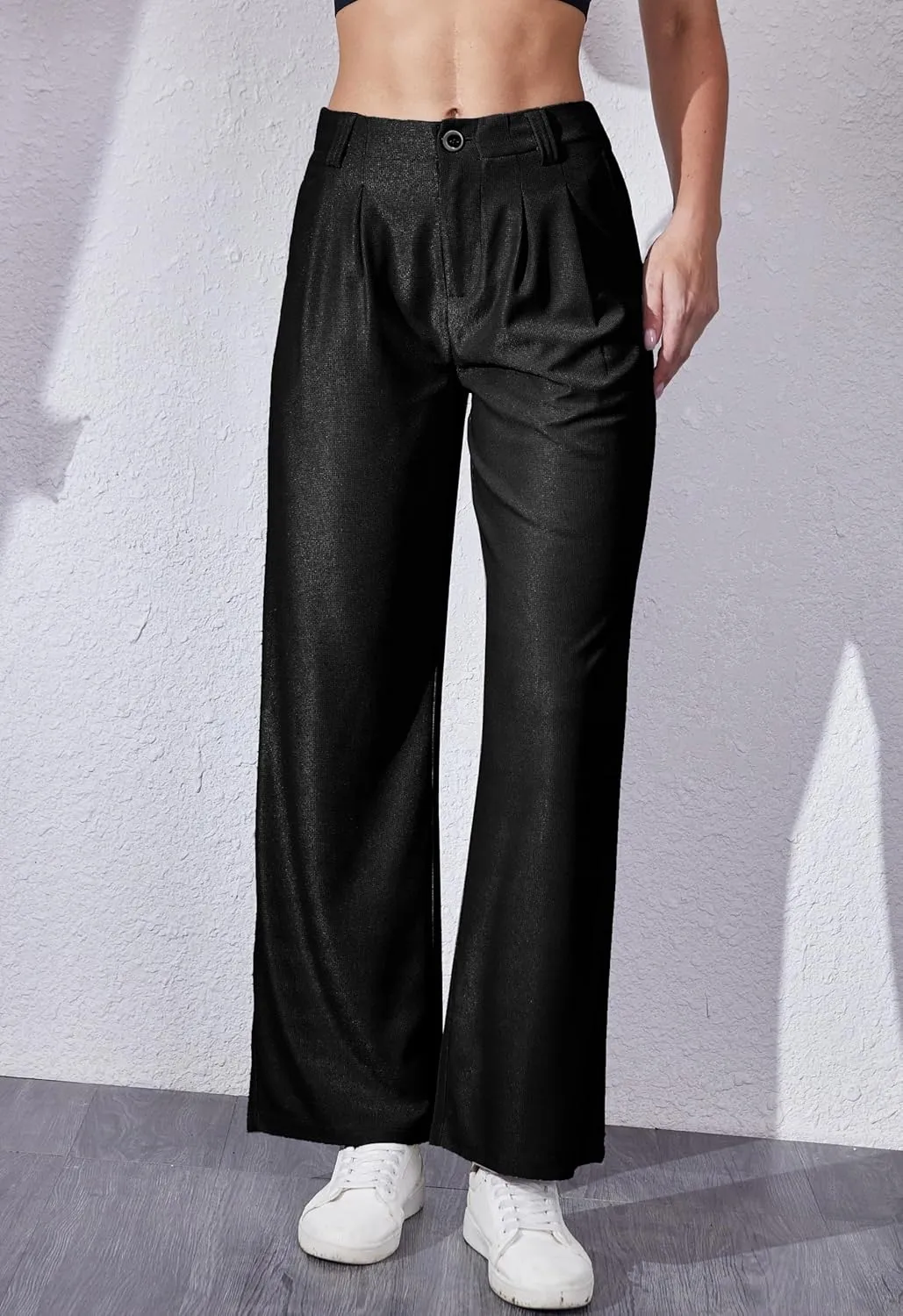 Women's Waffle Knit Pants Wide Leg Dress Pants Plicated Casual Slacks Work Trousers 27"/29"
