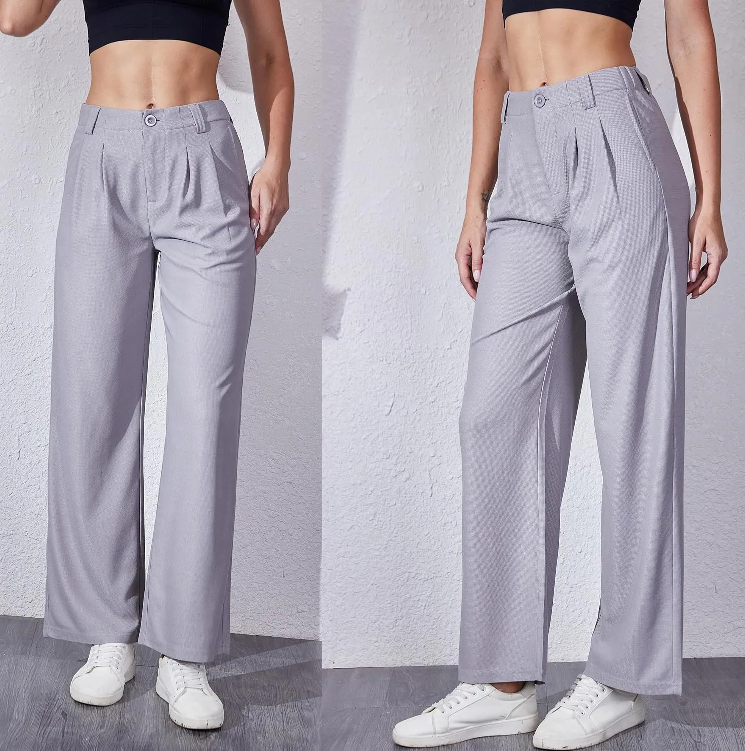 Women's Waffle Knit Pants Wide Leg Dress Pants Plicated Casual Slacks Work Trousers 27"/29"