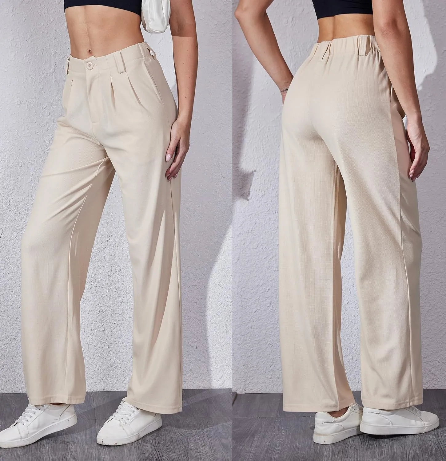 Women's Waffle Knit Pants Wide Leg Dress Pants Plicated Casual Slacks Work Trousers 27"/29"