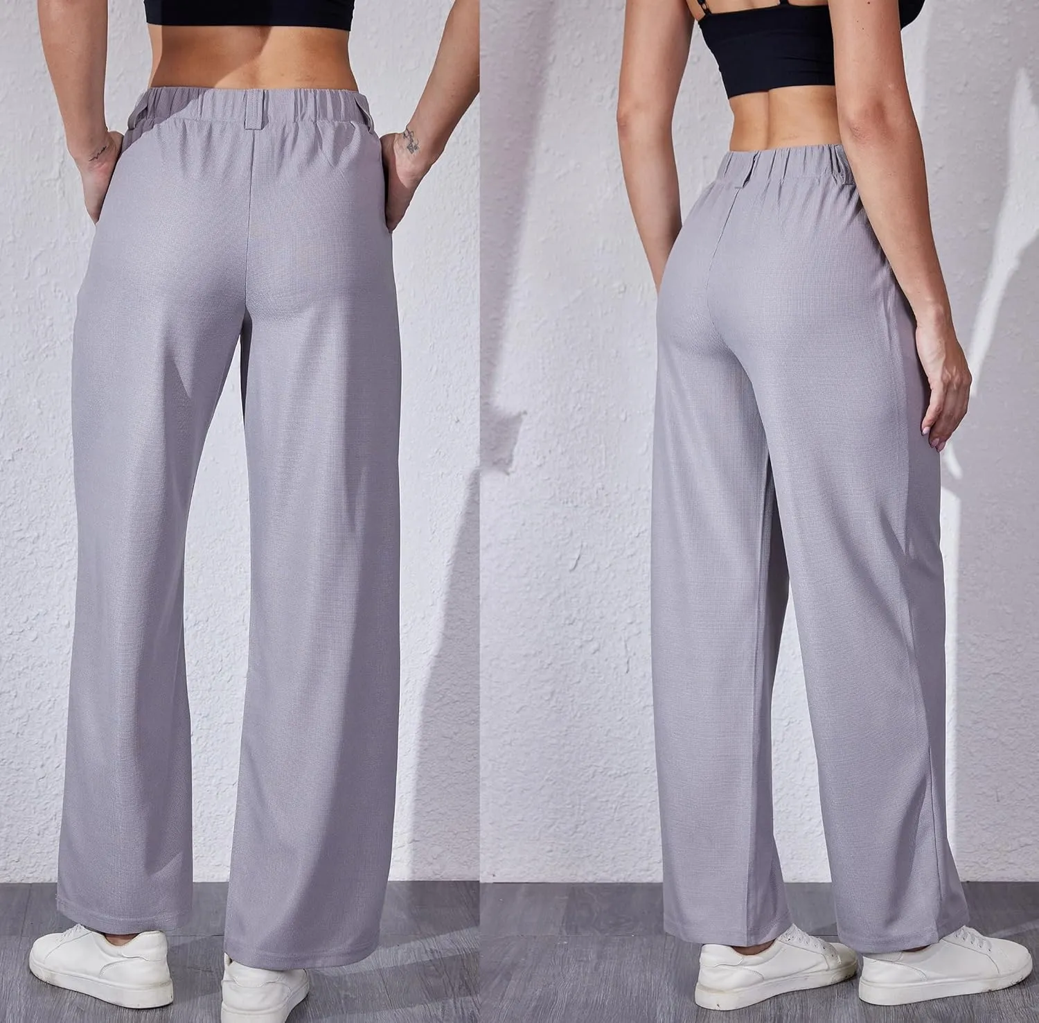 Women's Waffle Knit Pants Wide Leg Dress Pants Plicated Casual Slacks Work Trousers 27"/29"