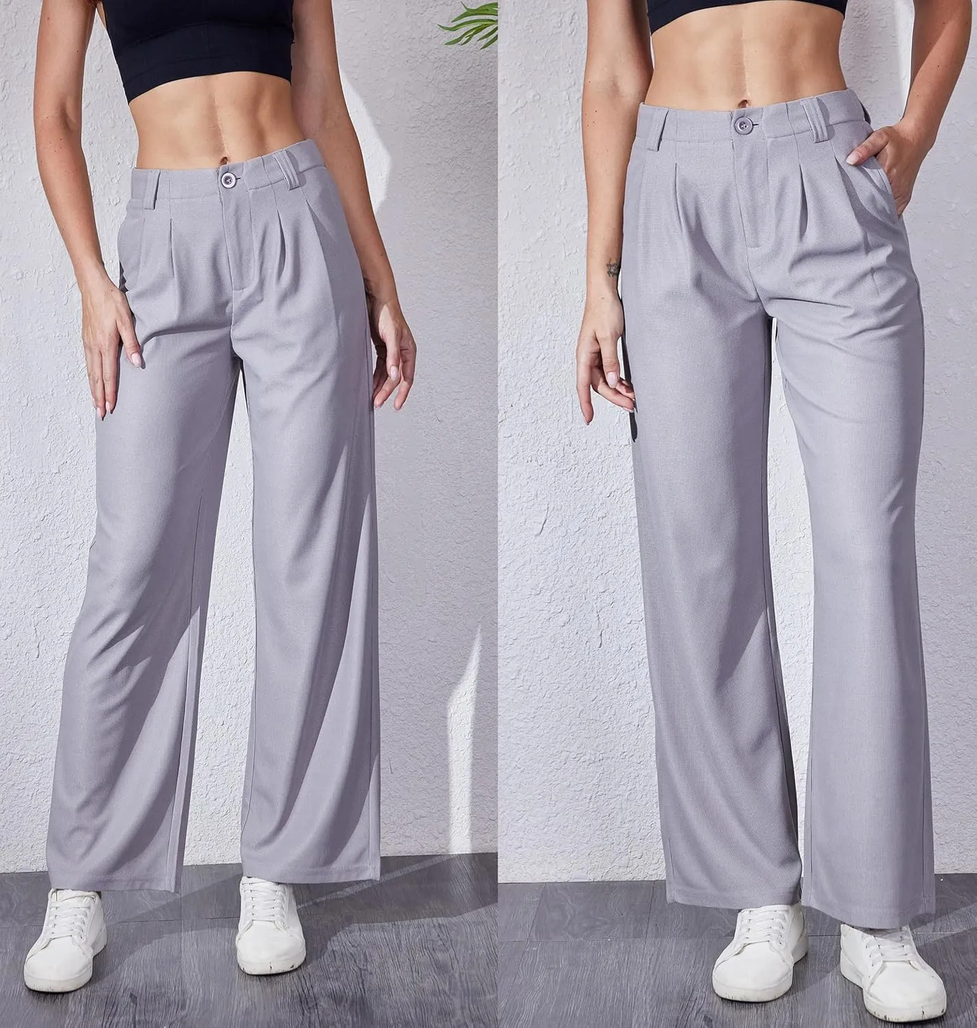 Women's Waffle Knit Pants Wide Leg Dress Pants Plicated Casual Slacks Work Trousers 27"/29"