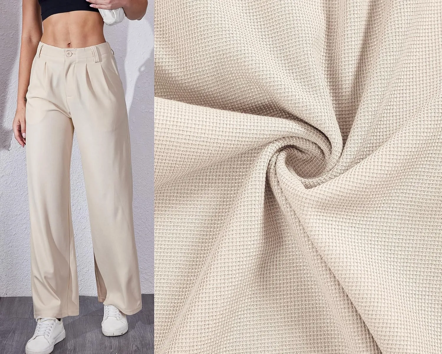 Women's Waffle Knit Pants Wide Leg Dress Pants Plicated Casual Slacks Work Trousers 27"/29"