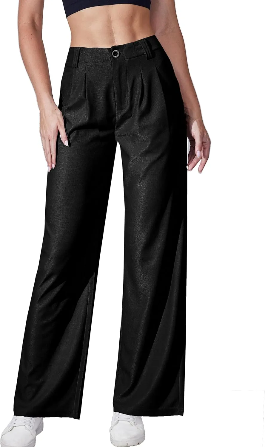 Women's Waffle Knit Pants Wide Leg Dress Pants Plicated Casual Slacks Work Trousers 27"/29"