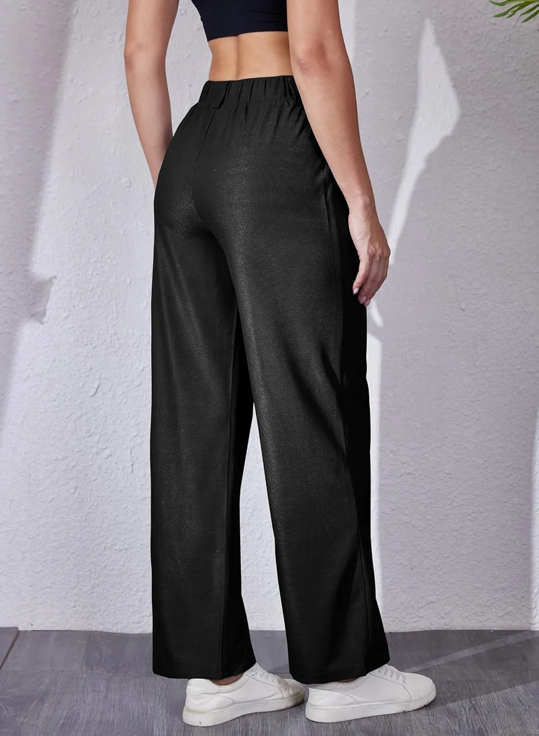 Women's Waffle Knit Pants Wide Leg Dress Pants Plicated Casual Slacks Work Trousers 27"/29"