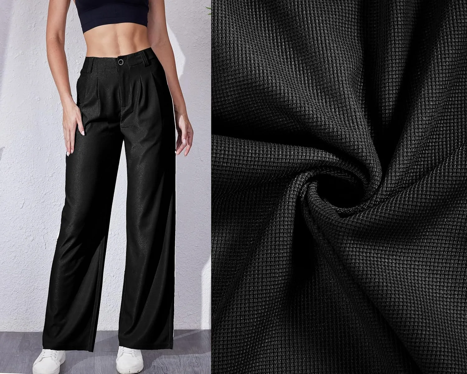 Women's Waffle Knit Pants Wide Leg Dress Pants Plicated Casual Slacks Work Trousers 27"/29"