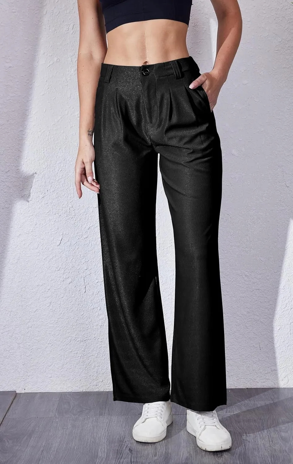 Women's Waffle Knit Pants Wide Leg Dress Pants Plicated Casual Slacks Work Trousers 27"/29"