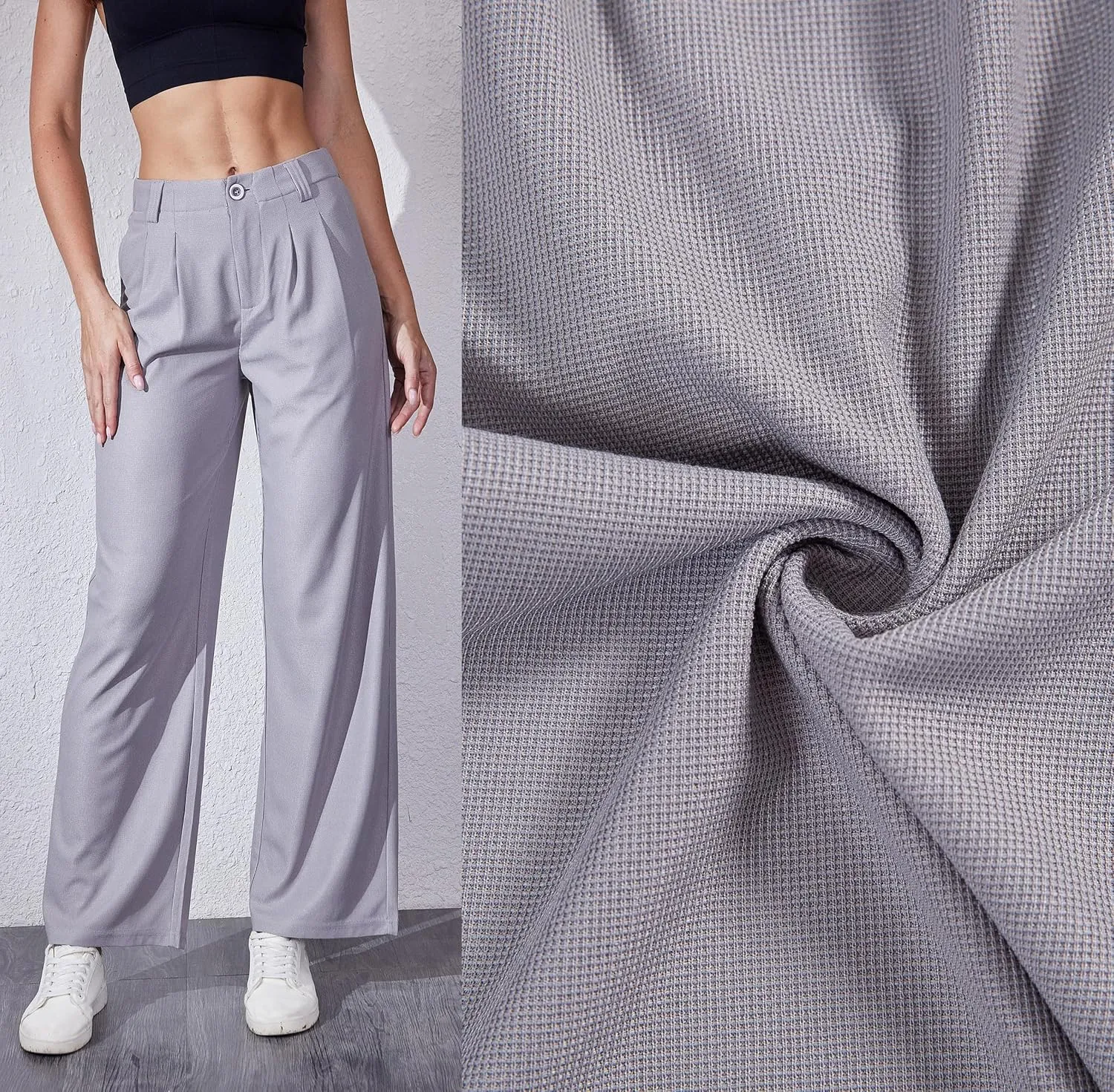 Women's Waffle Knit Pants Wide Leg Dress Pants Plicated Casual Slacks Work Trousers 27"/29"