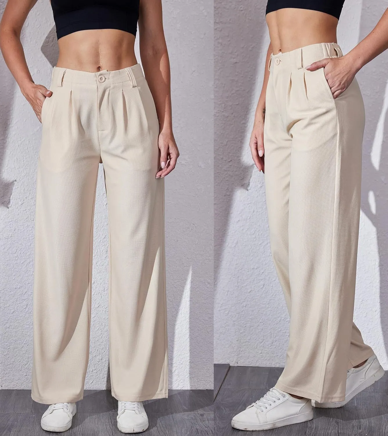 Women's Waffle Knit Pants Wide Leg Dress Pants Plicated Casual Slacks Work Trousers 27"/29"