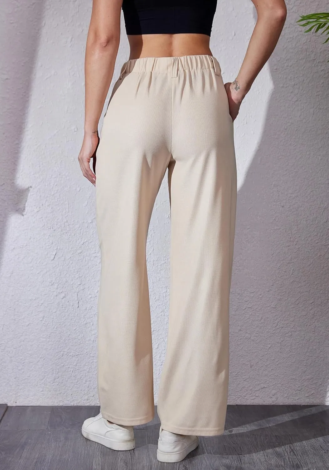 Women's Waffle Knit Pants Wide Leg Dress Pants Plicated Casual Slacks Work Trousers 27"/29"