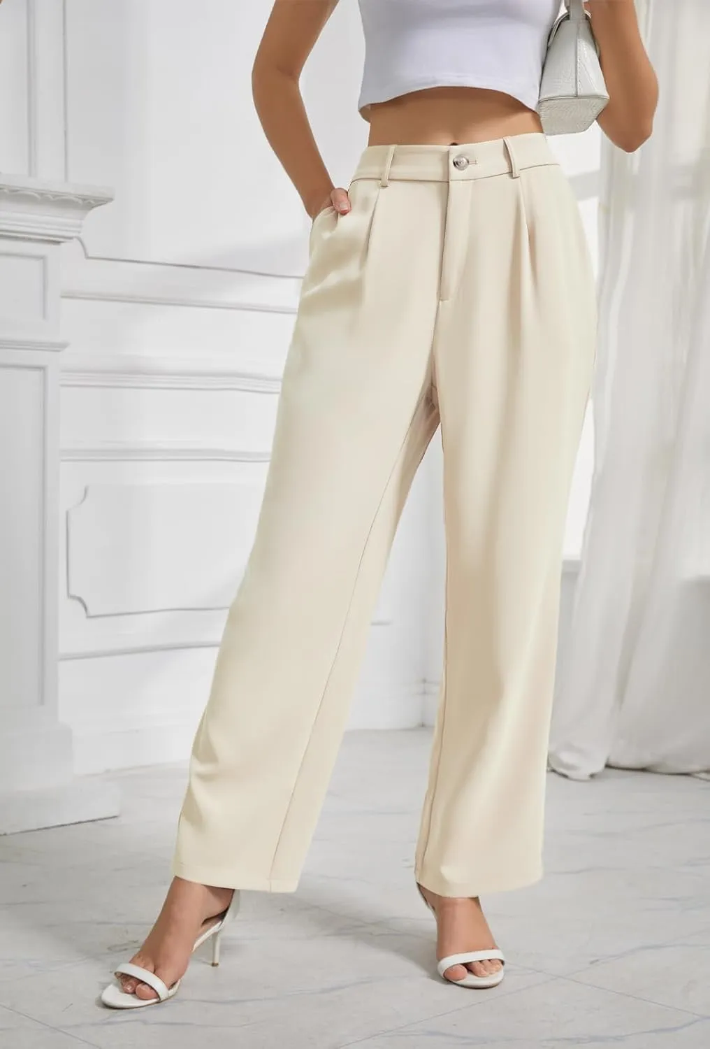 Womens Wide Leg Business Casual Pants High Waisted Straight Leg Pants Work Trousers with Pockets Slacks for Women