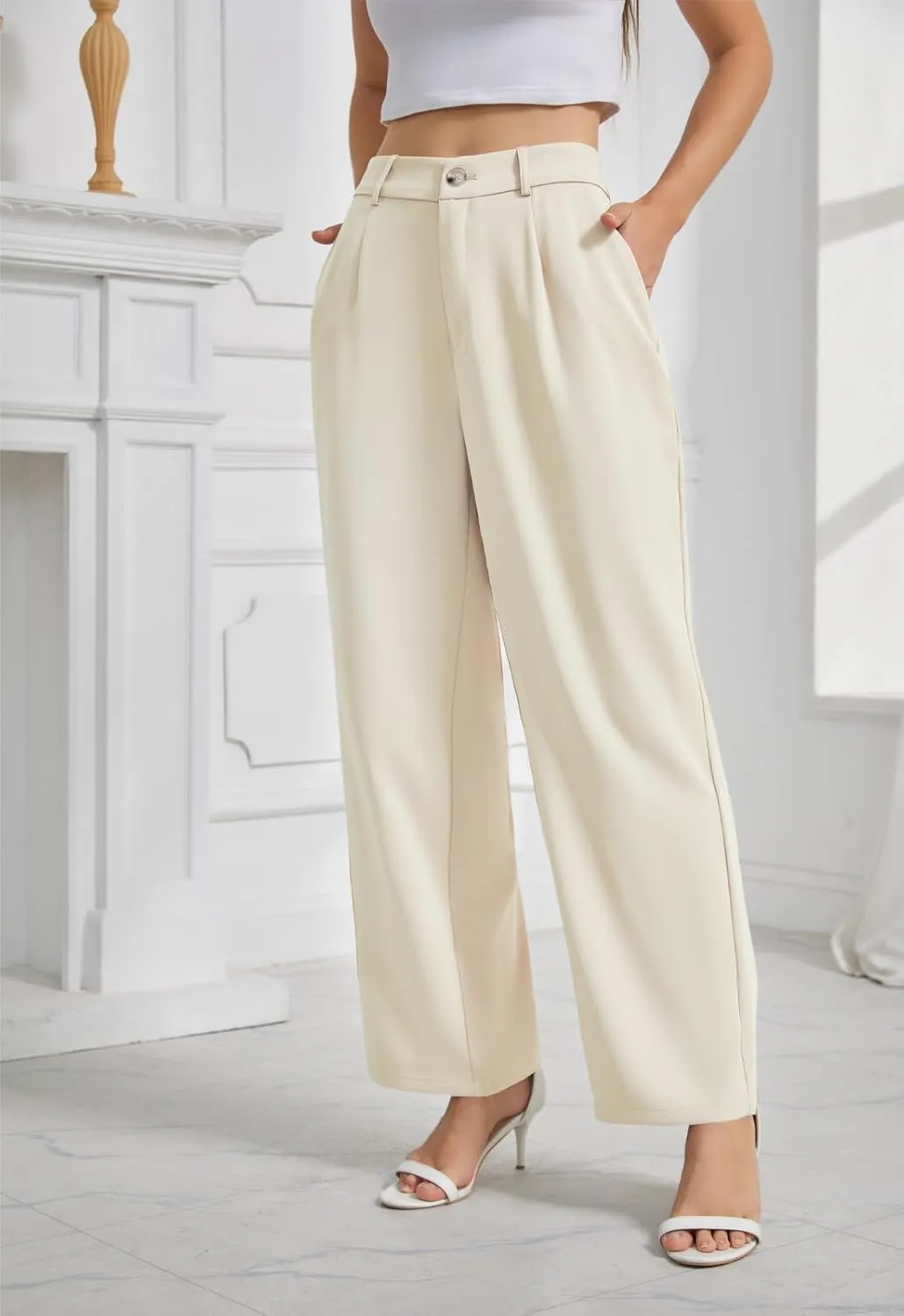 Womens Wide Leg Business Casual Pants High Waisted Straight Leg Pants Work Trousers with Pockets Slacks for Women