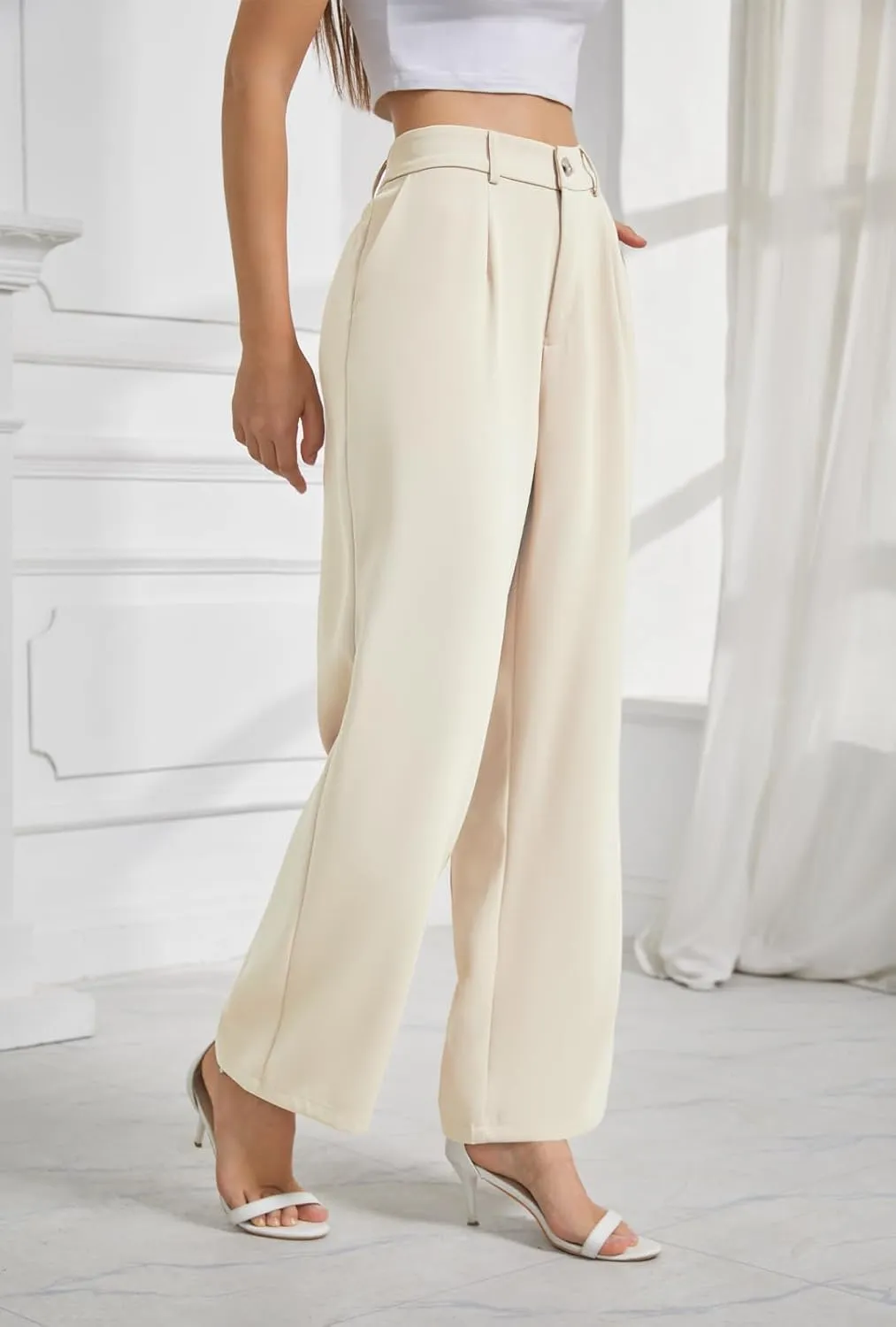 Womens Wide Leg Business Casual Pants High Waisted Straight Leg Pants Work Trousers with Pockets Slacks for Women