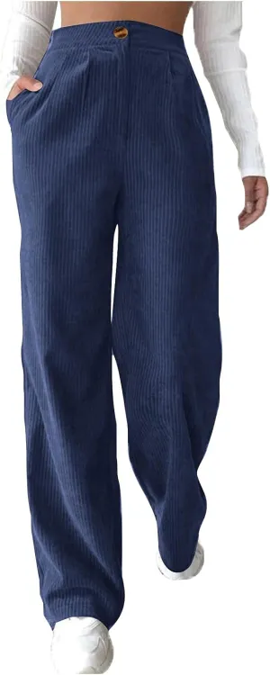 Women's Wide Leg Corduroy Pants Loose Straight Leg Pants High Waist Button Stretchy Trousers Lounge Pant with Pockets