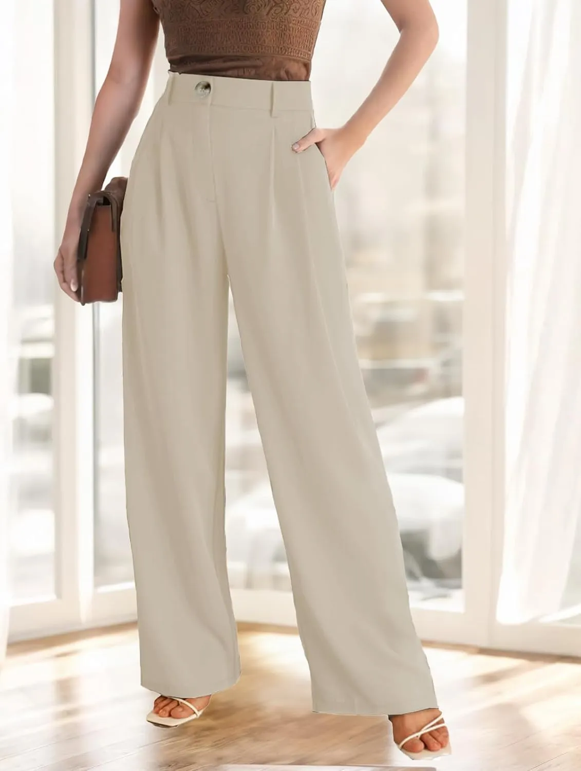 Women's Wide Leg Dress Pants High Waisted Business Casual Work Trousers with Pockets