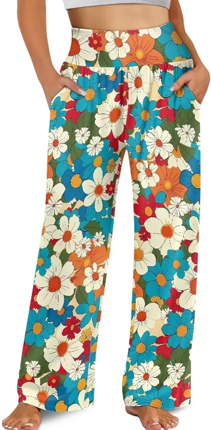 Women's Wide Leg Pants High Waisted Lounge Palazzo Pants Casual Loose Beach Pant Travel Trousers with Pockets