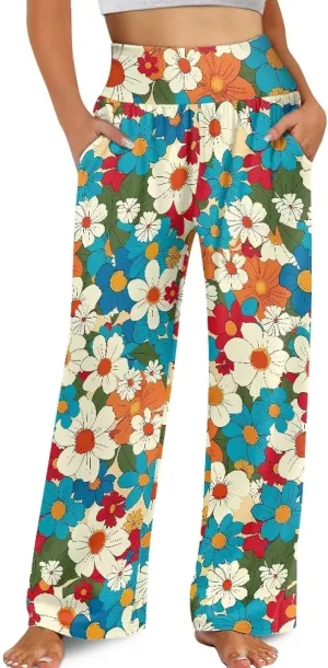 Women's Wide Leg Pants High Waisted Lounge Palazzo Pants Casual Loose Beach Pant Travel Trousers with Pockets
