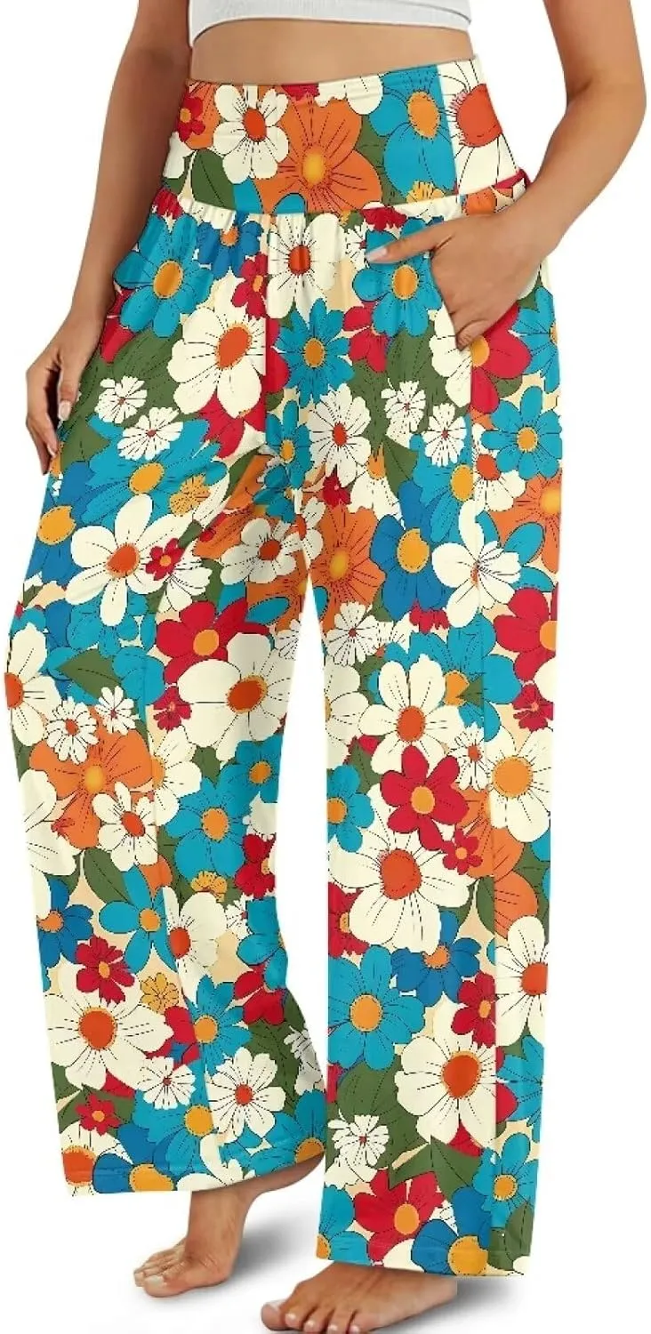 Women's Wide Leg Pants High Waisted Lounge Palazzo Pants Casual Loose Beach Pant Travel Trousers with Pockets