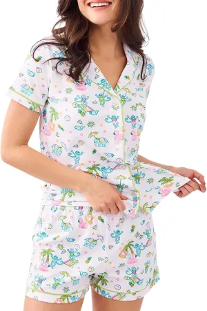 Womens Y2k Preppy Pajamas Set, 2 Piece Button Down Monkey Beach Shorts Set Holiday Vaction Loungewear Pjs for Jammies Back to School Party Gifts(Pool Party, Medium)