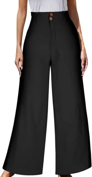Work Pants for Women 2024 Trendy Vintage Button High Waist Wide Leg Casual Loose Fits Business Trousers with Pockets